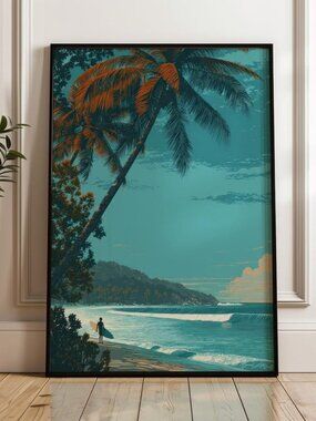 Surfer On Tropical Beach, Retro Wall Art Print, Vintage Poster